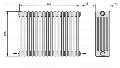 Схема (чертеж) Радиатор Zehnder Charleston 5090/16 №2670 Белый глянцевый RAL 9016